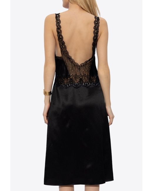Saint Laurent Black Lace-Trimmed Silk Midi Dress