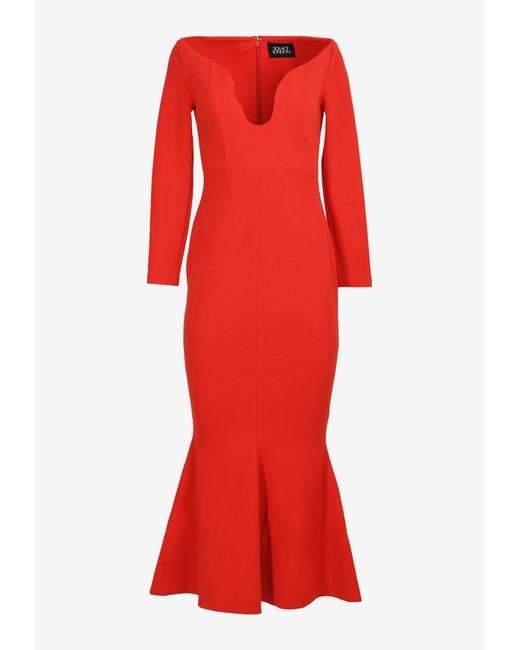 Solace London Red Isa Long-sleeved Midi Dress