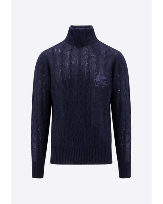 Etro Blue Logo Embroidered Turtleneck Cashmere Sweater for men