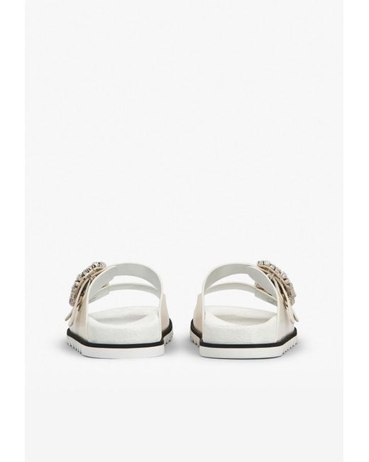 Roger Vivier White Slidy Viv' Crystal Buckle Leather Mules