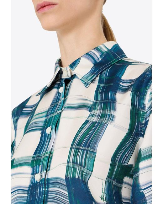 Ferragamo Blue Tartan Check Button-Up Silk Shirt