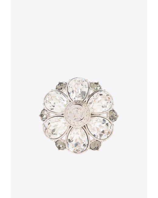 Versace White Crystal Floral Motif Ring