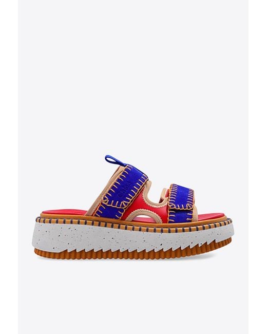 Chloé Blue Lilli Leather Flatform Slides