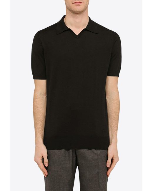 Brunello Cucinelli Black V-Neck Polo T-Shirt for men