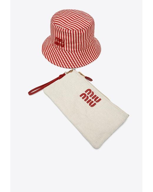 Miu Miu Logo Embroidered Bucket Hat And Pouch | Lyst