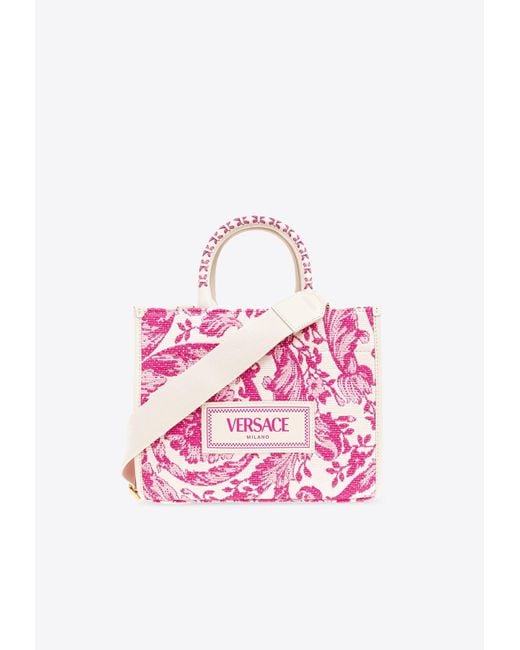 Versace Pink Small Barocco Athena Raffia Tote Bag