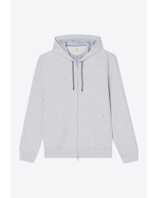 Brunello Cucinelli White Double French Terry Zip-Up Hooded Sweatshirt for men
