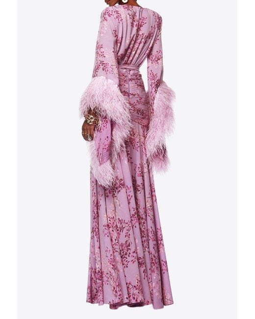 Bronx and Banco Red Geisha Printed Feather-Embellished Gown
