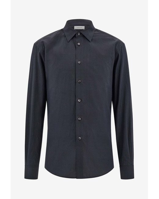 Ferragamo Blue Micro Logo Pattern Button-Up Shirt for men