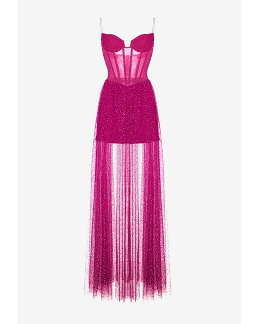 Rasario Pink Rhinestone Embellished Corset Maxi Dress