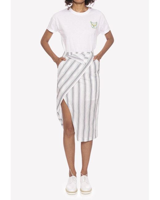 Dawei White Striped Cotton Wrap Skirt With Slit