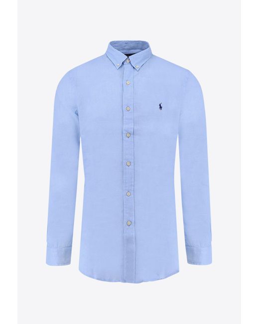 Polo Ralph Lauren Blue Logo Button-Up Linen Shirt for men