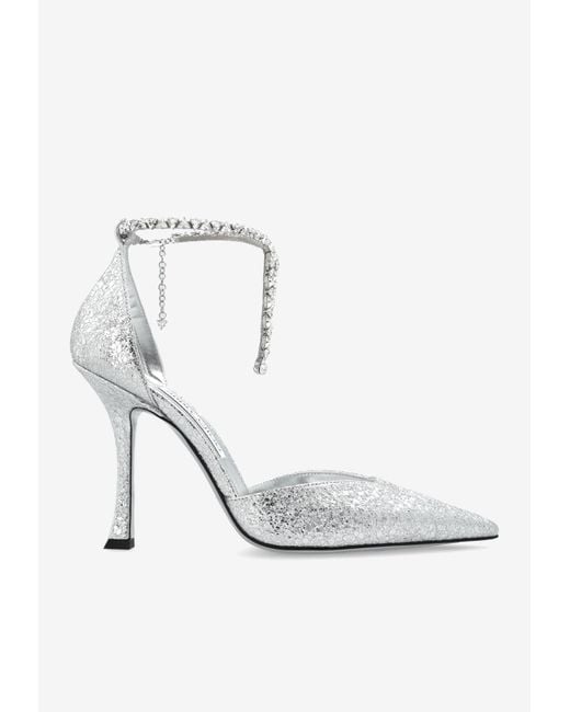 Jimmy Choo White Stevie 100 Glittered Pumps