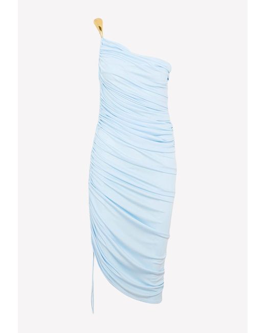 Bottega Veneta One-shoulder Ruched Midi Dress in Blue | Lyst