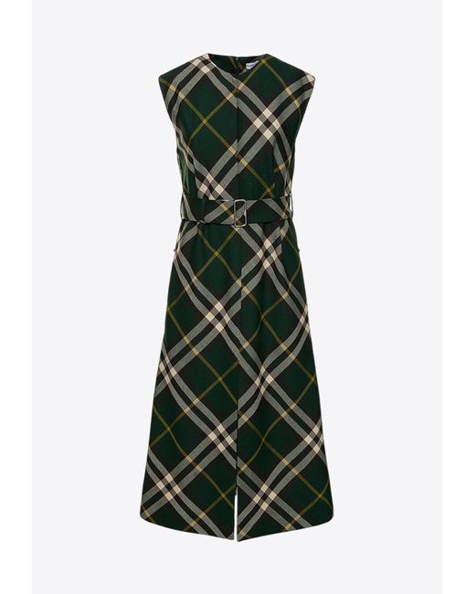 Burberry Green Belted Midi Checked Dress
