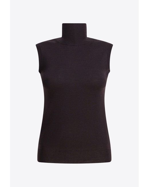 Max Mara Black Vertigo Turtleneck Sleeveless Wool Knit Top