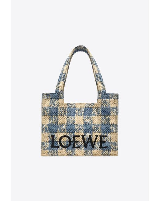 Loewe Blue Medium Font Woven-Raffia Tote Bag