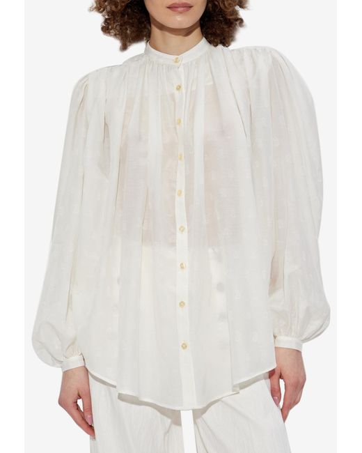 Etro White Sheer Gathered Silk-Blend Blouse