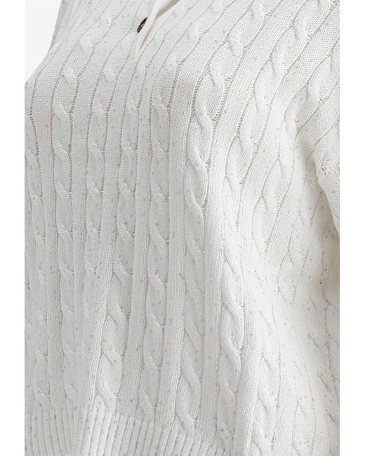 Brunello Cucinelli White Cable Knit Polo Sweater