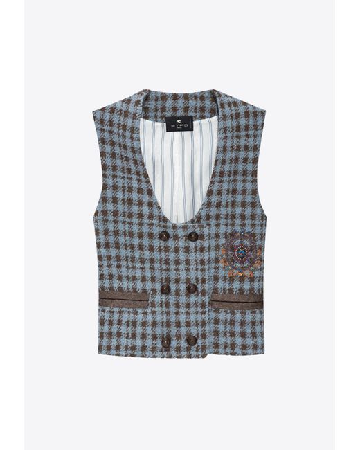 Etro Gray Double-Breasted Checked Vest