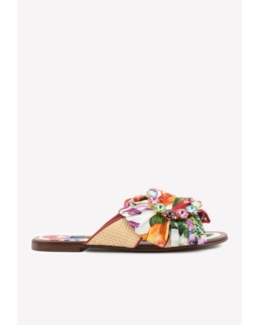 Dolce & Gabbana Multicolor Bianca Floral Flat Sandals With Crystal Buckle