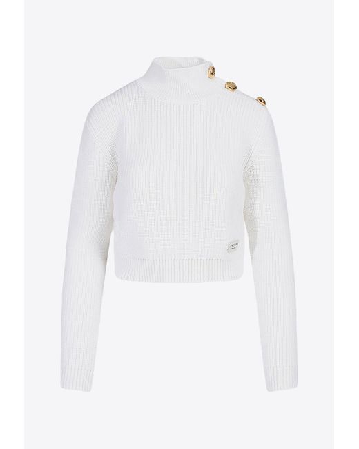 Prada White Rib Knit Turtleneck Cropped Sweater