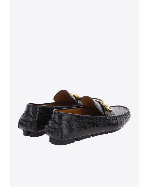 Versace Black Greca Croc-embossed Leather Loafer for men