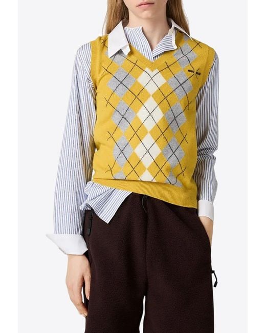 Miu Miu Yellow Argyle Knit Cashmere Vest