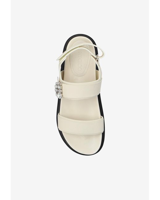 Jimmy Choo White Verity Leather Crystal Flat Sandals