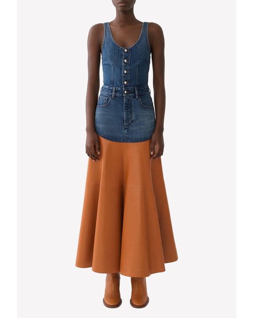 Chloé Sleeveless Flared Maxi Dress In Denim And Leather in Blue Lyst UK