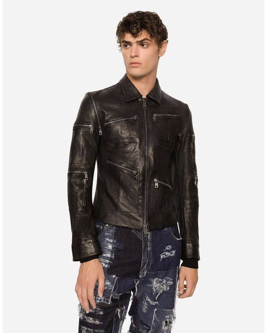 Dolce & Gabbana Black Leather Zip-Up Jackets for men