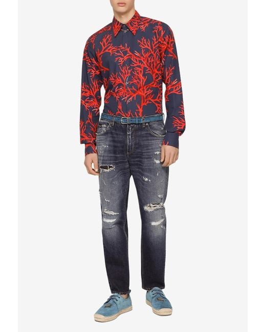 Dolce & Gabbana Red Coral Printed Long-sleeved Shirt for men
