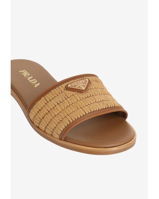 Prada White Triangle Logo Raffia Flat Sandals