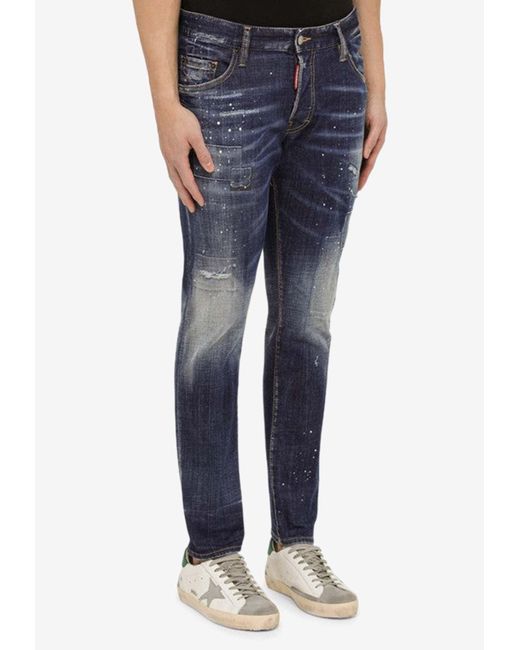 DSquared² Blue Paint-Splatter Slim Jeans for men