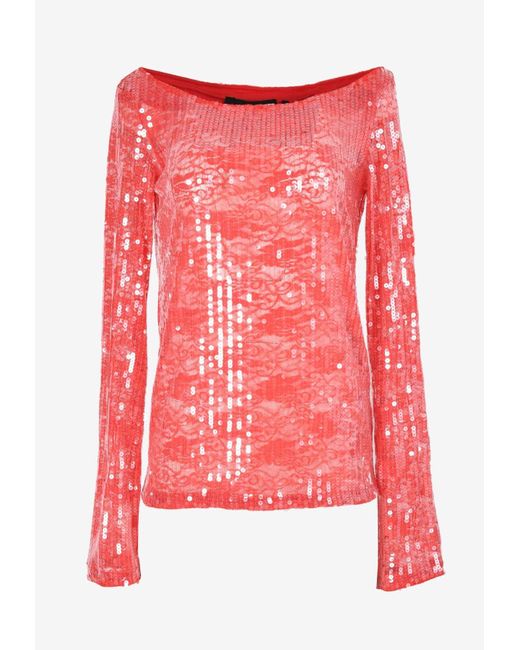 ROTATE BIRGER CHRISTENSEN Red Sequined Lace Top