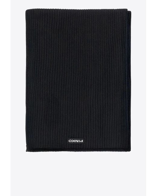 Pinko Black Logo Patch Ribbed Scarf