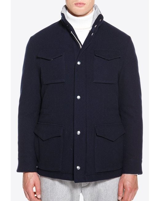 Eleventy Blue Wool Zip-Up Field Jacket for men
