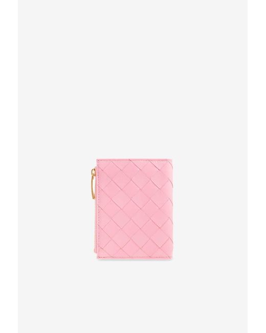Bottega Veneta Pink Small Intrecciato Bi-Fold Zip Wallet
