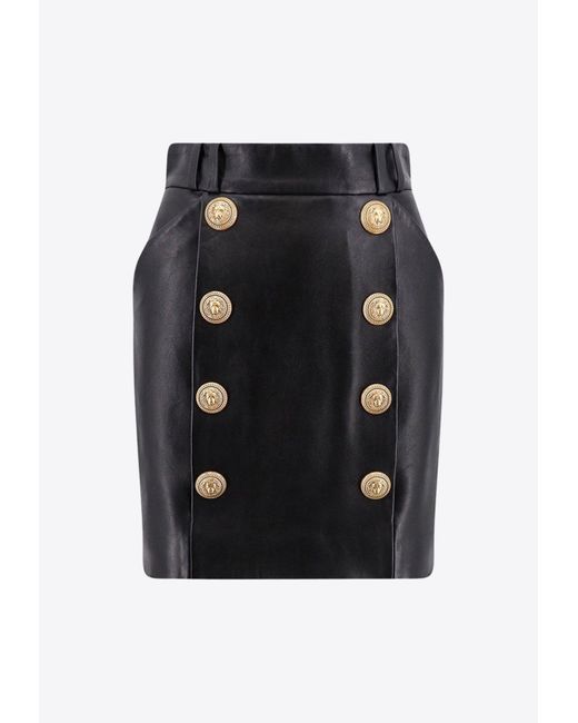 Balmain Black Buttoned Leather Mini Skirt