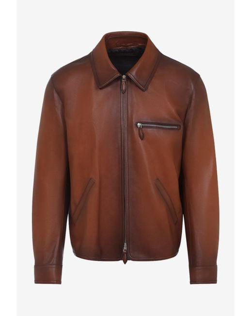 Berluti Brown Patina 1 Jour Leather Jacket for men