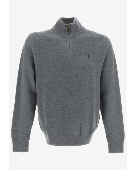 Polo Ralph Lauren Gray Logo Embroidered Half-Zip Sweater for men