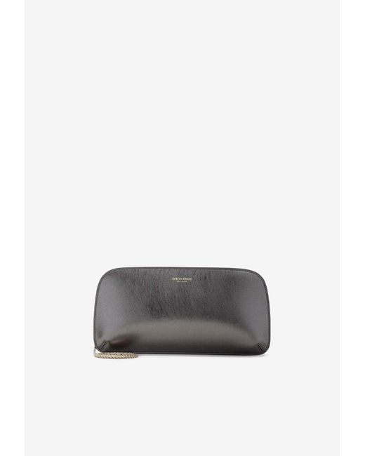 Giorgio Armani White Logo Metallic Leather Clutch