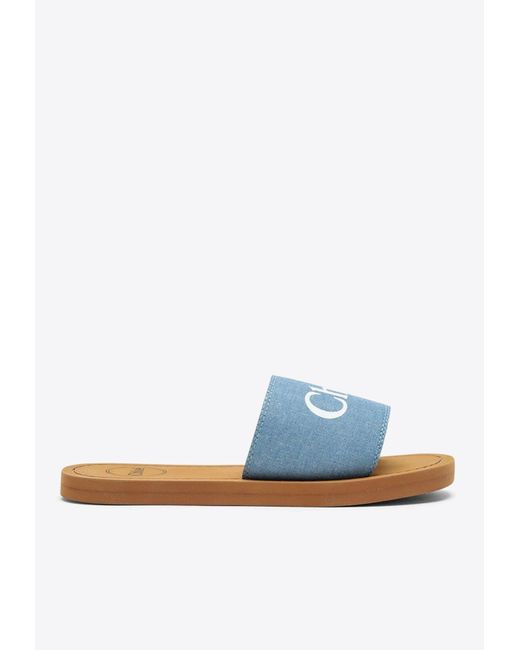 Chloé Blue Woody Logo Print Denim Flat Sandals