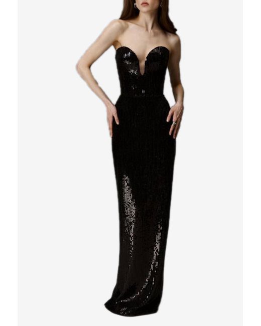 Rasario Black Sequin Embellished Corset Maxi Dress