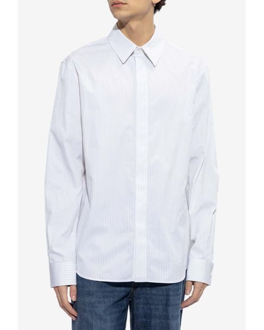 Bottega Veneta White Logo Embroidered Pinstripe Poplin Shirt for men