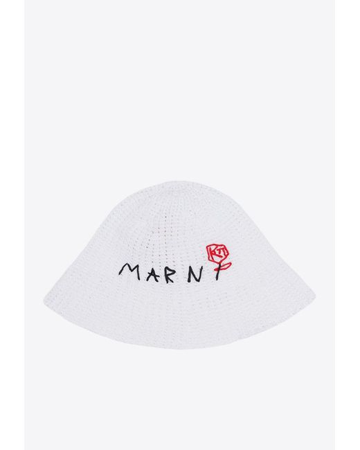 Marni White Logo Crochet Bucket Hat
