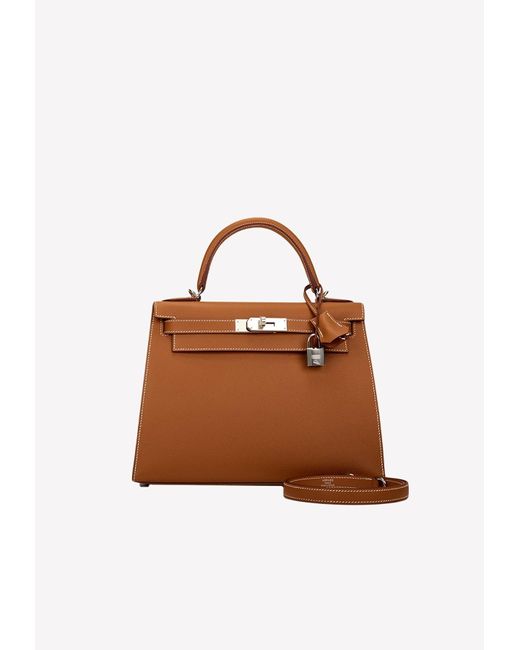 Hermès Brown Kelly 28 Sellier Top Handle Bag In Gold Epsom With Palladium Hardware