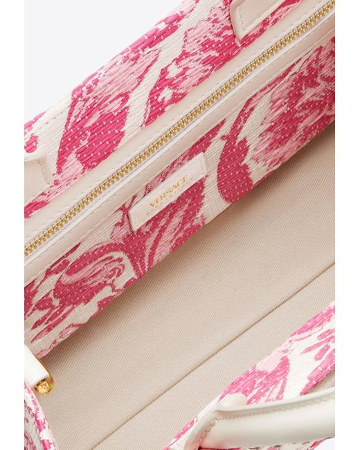 Versace Pink Small Athena Barocco Raffia Tote Bag