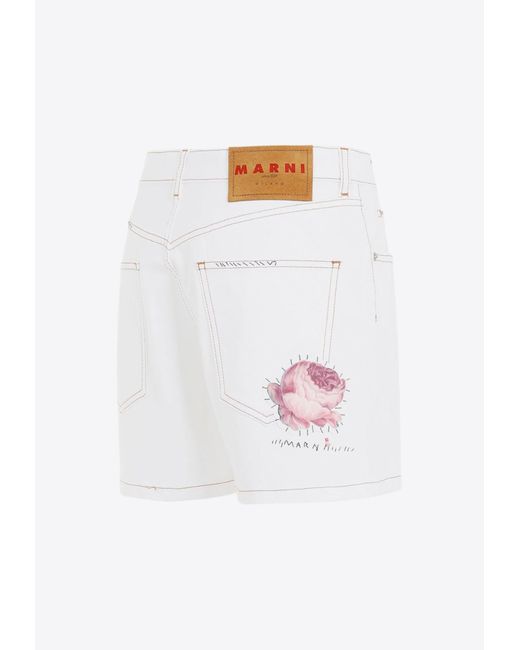 Marni White Floral Patch Denim Shorts