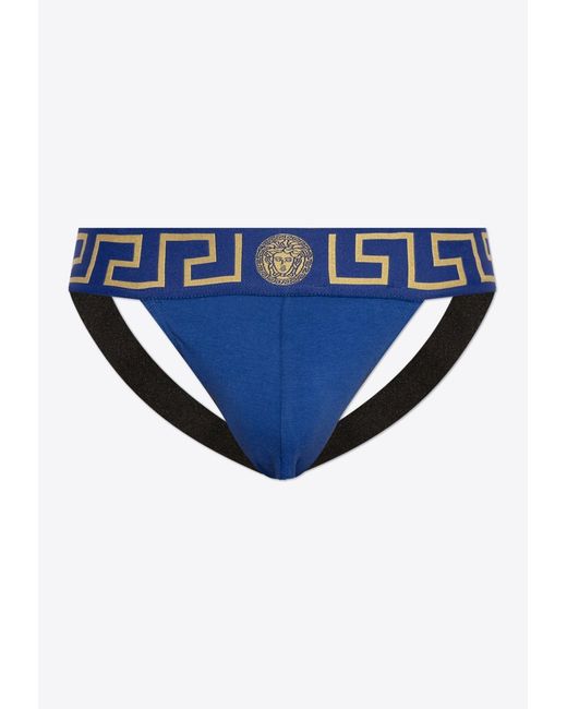 Versace Blue Greca Border Jockstrap With Medusa Head for men